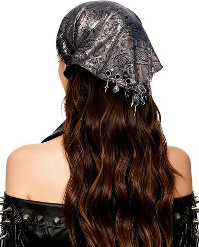 Punk Triangle Head Scarf with Metal Charms - Y2K Sparkly Bandana for Women | Vintage Neck Scarf for Festival Party Concert in Saudi Arabia