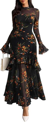 GothDark Womens Floral Maxi Dress Sheer Mesh Bell Sleeve Tiered Ruffle Gothic Romantic Casual Long Dresses in Saudi Arabia