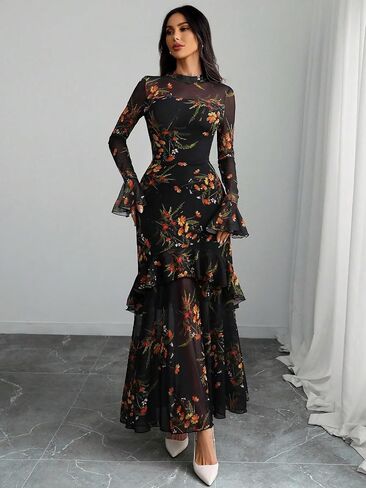 GothDark Womens Floral Maxi Dress Sheer Mesh Bell Sleeve Tiered Ruffle Gothic Romantic Casual Long Dresses in Saudi Arabia