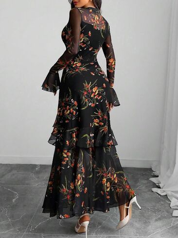 GothDark Womens Floral Maxi Dress Sheer Mesh Bell Sleeve Tiered Ruffle Gothic Romantic Casual Long Dresses in Saudi Arabia
