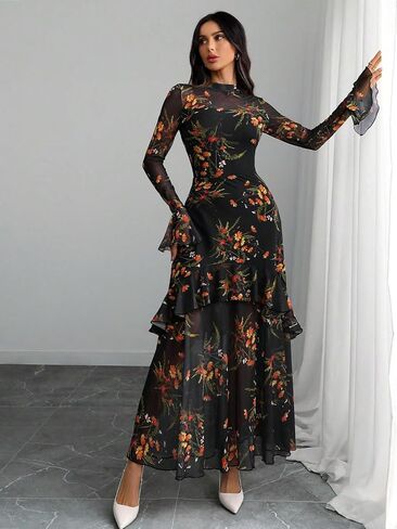 GothDark Womens Floral Maxi Dress Sheer Mesh Bell Sleeve Tiered Ruffle Gothic Romantic Casual Long Dresses in Saudi Arabia