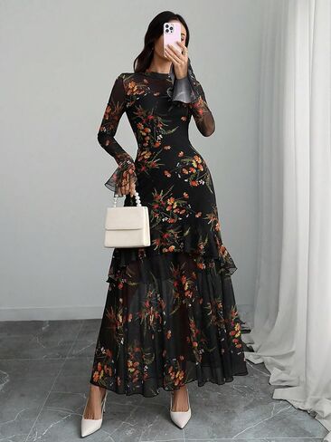 GothDark Womens Floral Maxi Dress Sheer Mesh Bell Sleeve Tiered Ruffle Gothic Romantic Casual Long Dresses in Saudi Arabia