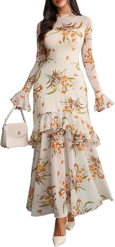 GothDark Womens Floral Maxi Dress Sheer Mesh Bell Sleeve Tiered Ruffle Gothic Romantic Casual Long Dresses in Saudi Arabia