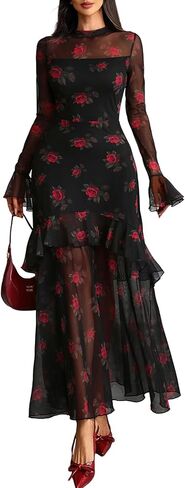 GothDark Womens Floral Maxi Dress Sheer Mesh Bell Sleeve Tiered Ruffle Gothic Romantic Casual Long Dresses in Saudi Arabia