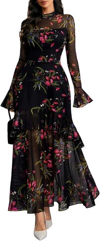 GothDark Womens Floral Maxi Dress Sheer Mesh Bell Sleeve Tiered Ruffle Gothic Romantic Casual Long Dresses in Saudi Arabia