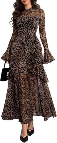 GothDark Womens Floral Maxi Dress Sheer Mesh Bell Sleeve Tiered Ruffle Gothic Romantic Casual Long Dresses in Saudi Arabia