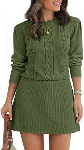 Saodimallsu Womens Puff Long Sleeve Sweater Dress Cable Knit A Line Crew Neck Fall Casual Flare Mini Dresses in Saudi Arabia