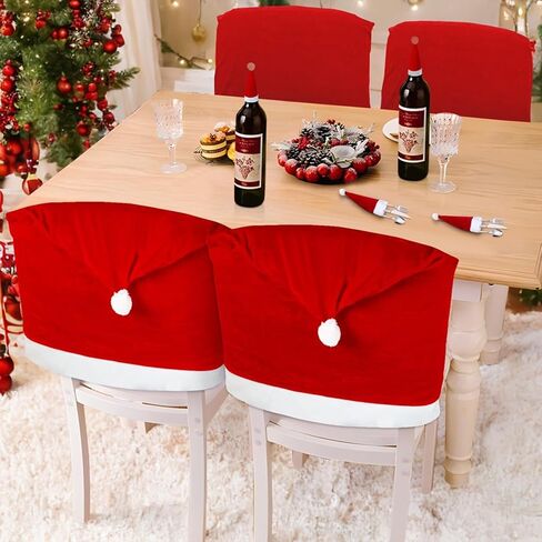4PCS Christmas Chair Covers, Stretch Removable Washable Santa Claus Hat Dining Room Chair Slipcover - Red Xmas Chair Seat Protector Cover for Home,Ceremony, Banquet Indoor Decorations in Saudi Arabia