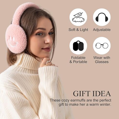 F Flammi Ear Muffs for Winter Women, Adjustable Head Band Fuzzy Faux Fur Earmuffs Foldable Ear Warmer Girl Soft Smiley Face in Saudi Arabia