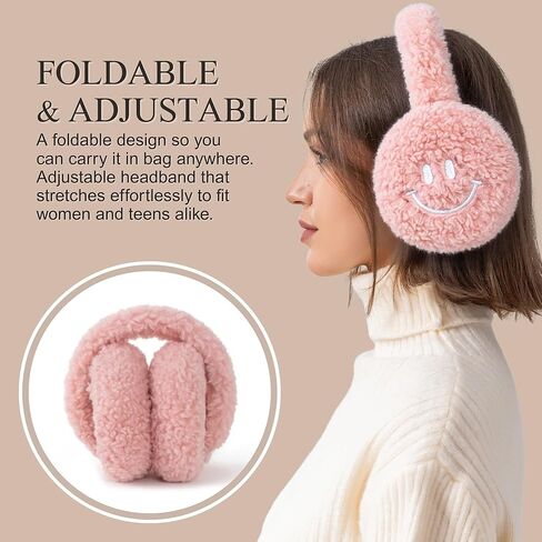 F Flammi Ear Muffs for Winter Women, Adjustable Head Band Fuzzy Faux Fur Earmuffs Foldable Ear Warmer Girl Soft Smiley Face in Saudi Arabia