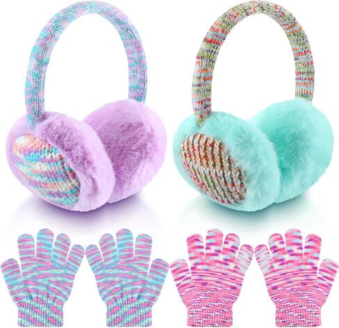 2 Set of Kids Winter Knit Ear Muffs Gloves Set Knitted Earmuffs and Gloves Winter Ear Warmer in Cold Weather in Saudi Arabia