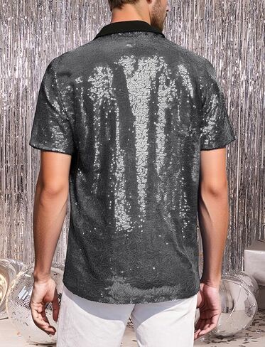 SEAUR Men's Sequin Shirt Short Sleeve V-Neck Sparkle Polo Button Down Shirts Disco Nightclub Outfit in Saudi Arabia