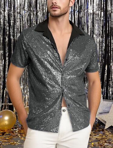 SEAUR Men's Sequin Shirt Short Sleeve V-Neck Sparkle Polo Button Down Shirts Disco Nightclub Outfit in Saudi Arabia