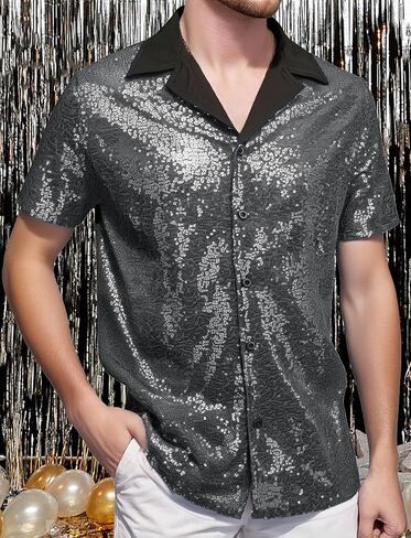 SEAUR Men's Sequin Shirt Short Sleeve V-Neck Sparkle Polo Button Down Shirts Disco Nightclub Outfit in Saudi Arabia