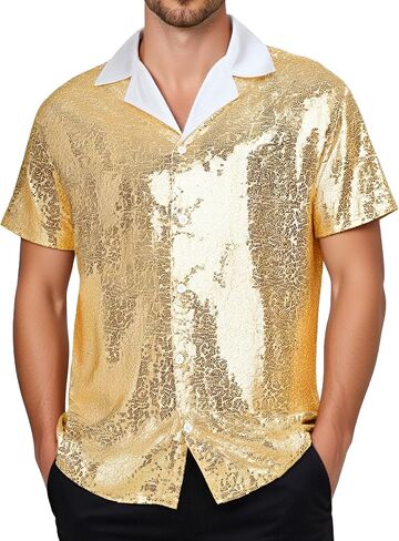 SEAUR Men's Sequin Shirt Short Sleeve V-Neck Sparkle Polo Button Down Shirts Disco Nightclub Outfit in Saudi Arabia