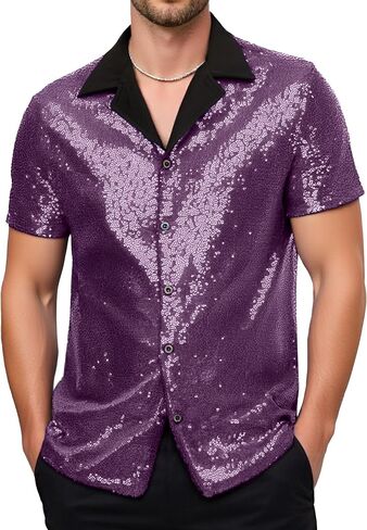 SEAUR Men's Sequin Shirt Short Sleeve V-Neck Sparkle Polo Button Down Shirts Disco Nightclub Outfit in Saudi Arabia