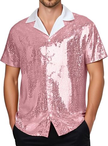 SEAUR Men's Sequin Shirt Short Sleeve V-Neck Sparkle Polo Button Down Shirts Disco Nightclub Outfit in Saudi Arabia
