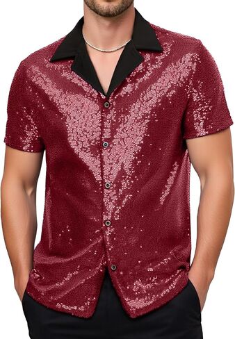 SEAUR Men's Sequin Shirt Short Sleeve V-Neck Sparkle Polo Button Down Shirts Disco Nightclub Outfit in Saudi Arabia