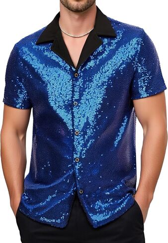 SEAUR Men's Sequin Shirt Short Sleeve V-Neck Sparkle Polo Button Down Shirts Disco Nightclub Outfit in Saudi Arabia