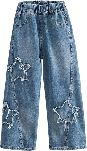 Girls Baggy Jeans Star Patchwork Denim Pants Elastic Waist Straight Trousers Wide Leg Soft Trousers 5-14 Years in Saudi Arabia