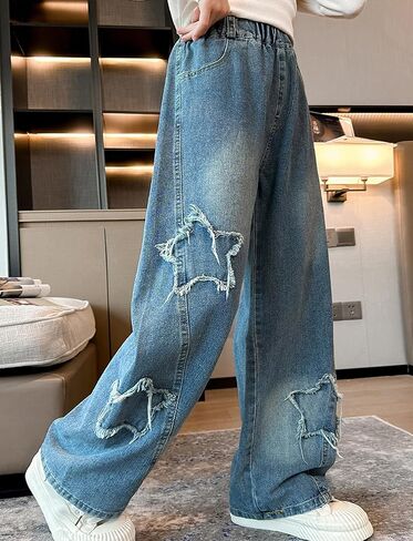 Girls Baggy Jeans Star Patchwork Denim Pants Elastic Waist Straight Trousers Wide Leg Soft Trousers 5-14 Years in Saudi Arabia