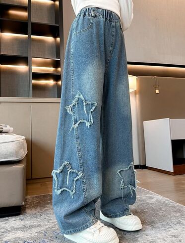 Girls Baggy Jeans Star Patchwork Denim Pants Elastic Waist Straight Trousers Wide Leg Soft Trousers 5-14 Years in Saudi Arabia