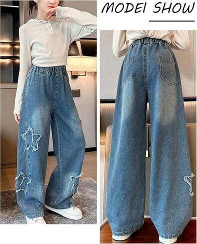 Girls Baggy Jeans Star Patchwork Denim Pants Elastic Waist Straight Trousers Wide Leg Soft Trousers 5-14 Years in Saudi Arabia