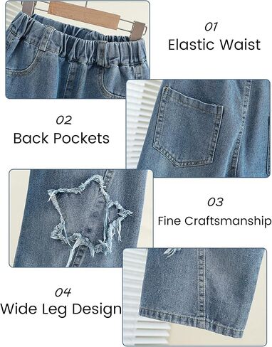 Girls Baggy Jeans Star Patchwork Denim Pants Elastic Waist Straight Trousers Wide Leg Soft Trousers 5-14 Years in Saudi Arabia