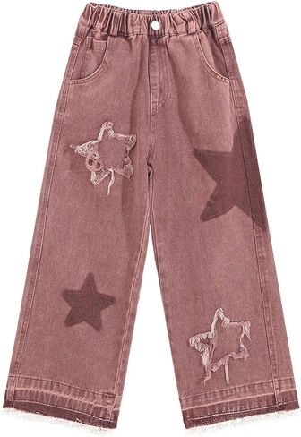 Girls Baggy Jeans Star Patchwork Denim Pants Elastic Waist Straight Trousers Wide Leg Soft Trousers 5-14 Years in Saudi Arabia