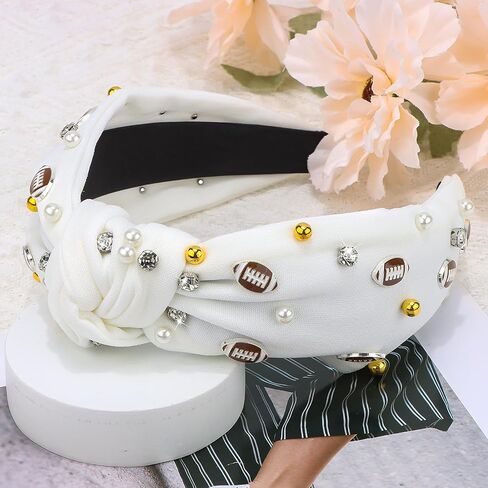White Football Headband Pearl Rhinestone Jeweled Knotted for Girl's Fashion Cute Wide Headband for Game Day in Saudi Arabia