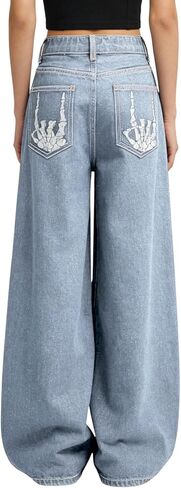 Verdusa Girl's Goth Wide Leg Baggy Jeans Streetwear Loose Denim Pants with Pockets in Saudi Arabia
