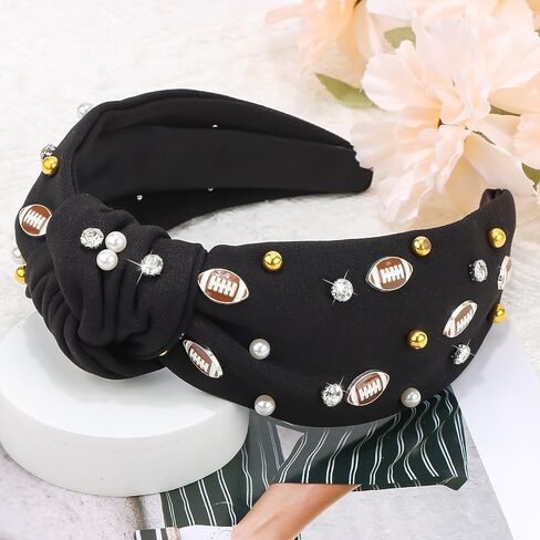 Black Football Headband Pearl Rhinestone Jeweled Knotted for Girl's Fashion Cute Wide Headband for Game Day in Saudi Arabia