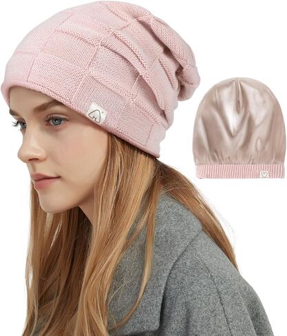 Hat Hut Womens Beanie Satin Lined Beanie Winter Hats for Women Men, Silk Lined Slouchy Beanie Hats Soft Warm Ski Hat Unisex in Kuwait