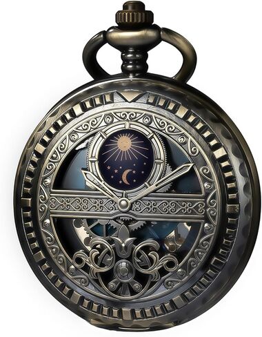 Steampunk Pocket Watch Skeleton Mechanical Gear Hand-Wind Roman Numerals Antique Chain Mens in Saudi Arabia