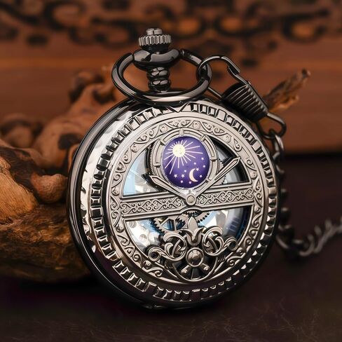 Steampunk Pocket Watch Skeleton Mechanical Gear Hand-Wind Roman Numerals Antique Chain Mens in Saudi Arabia