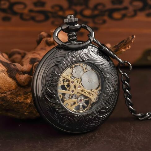 Steampunk Pocket Watch Skeleton Mechanical Gear Hand-Wind Roman Numerals Antique Chain Mens in Saudi Arabia
