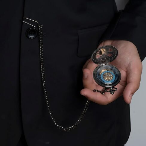 Steampunk Pocket Watch Skeleton Mechanical Gear Hand-Wind Roman Numerals Antique Chain Mens in Saudi Arabia