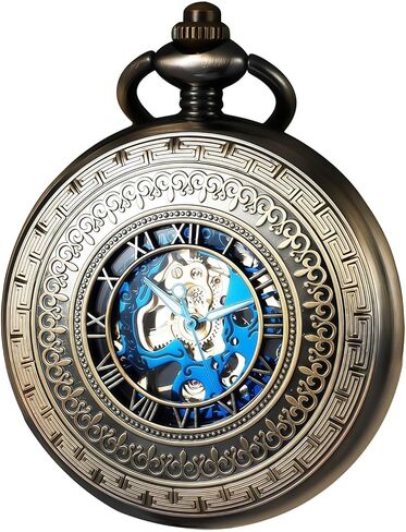Steampunk Pocket Watch Skeleton Mechanical Gear Hand-Wind Roman Numerals Antique Chain Mens in Saudi Arabia
