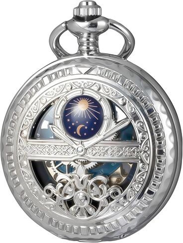 Steampunk Pocket Watch Skeleton Mechanical Gear Hand-Wind Roman Numerals Antique Chain Mens in Saudi Arabia