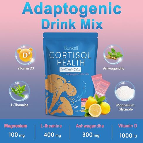مزيج مشروب مسحوق الكورتيزول، مصنوع من جليسينات المغنيسيوم، إل-ثيانين، أشواغاندا وفيتامين د3، مكملات الكورتيزول للاسترخاء والتركيز ودعم الهدوء، نكهة عصير الليمون والتوت، 30 قيراط in Kuwait
