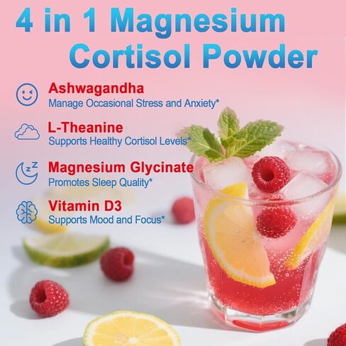 مزيج مشروب مسحوق الكورتيزول، مصنوع من جليسينات المغنيسيوم، إل-ثيانين، أشواغاندا وفيتامين د3، مكملات الكورتيزول للاسترخاء والتركيز ودعم الهدوء، نكهة عصير الليمون والتوت، 30 قيراط in Kuwait