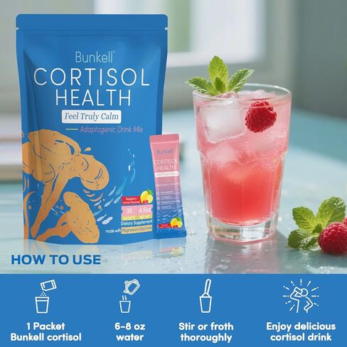 مزيج مشروب مسحوق الكورتيزول، مصنوع من جليسينات المغنيسيوم، إل-ثيانين، أشواغاندا وفيتامين د3، مكملات الكورتيزول للاسترخاء والتركيز ودعم الهدوء، نكهة عصير الليمون والتوت، 30 قيراط in Kuwait