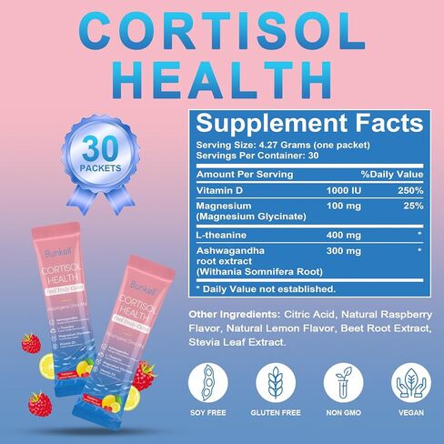 مزيج مشروب مسحوق الكورتيزول، مصنوع من جليسينات المغنيسيوم، إل-ثيانين، أشواغاندا وفيتامين د3، مكملات الكورتيزول للاسترخاء والتركيز ودعم الهدوء، نكهة عصير الليمون والتوت، 30 قيراط in Kuwait