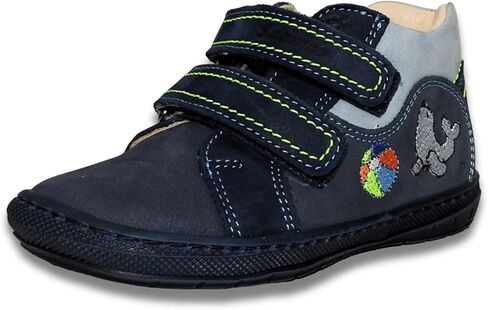 Kids Boys’ Genuine Leather Shoes – Ergonomic Supportive Sole, Stable Heel, Flexible Forefoot, Adjustable Hook & Loop Straps, Embroidered – Navy with Seal & Ball Design in Saudi Arabia