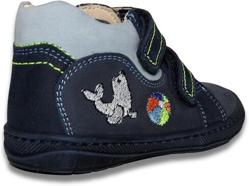 Kids Boys’ Genuine Leather Shoes – Ergonomic Supportive Sole, Stable Heel, Flexible Forefoot, Adjustable Hook & Loop Straps, Embroidered – Navy with Seal & Ball Design in Saudi Arabia