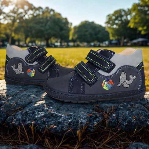 Kids Boys’ Genuine Leather Shoes – Ergonomic Supportive Sole, Stable Heel, Flexible Forefoot, Adjustable Hook & Loop Straps, Embroidered – Navy with Seal & Ball Design in Saudi Arabia