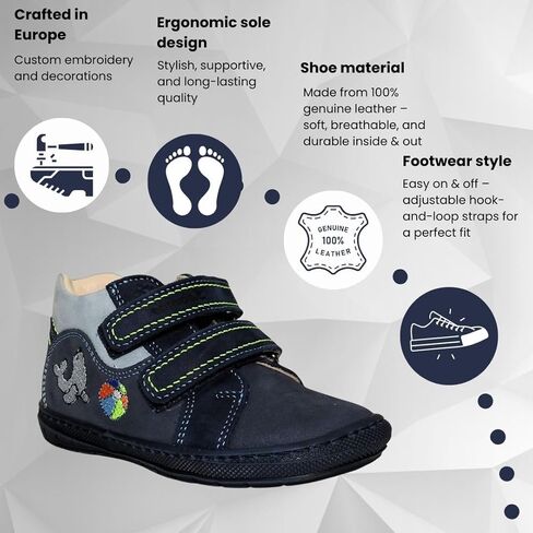 Kids Boys’ Genuine Leather Shoes – Ergonomic Supportive Sole, Stable Heel, Flexible Forefoot, Adjustable Hook & Loop Straps, Embroidered – Navy with Seal & Ball Design in Saudi Arabia