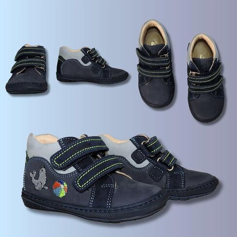 Kids Boys’ Genuine Leather Shoes – Ergonomic Supportive Sole, Stable Heel, Flexible Forefoot, Adjustable Hook & Loop Straps, Embroidered – Navy with Seal & Ball Design in Saudi Arabia