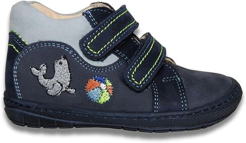 Kids Boys’ Genuine Leather Shoes – Ergonomic Supportive Sole, Stable Heel, Flexible Forefoot, Adjustable Hook & Loop Straps, Embroidered – Navy with Seal & Ball Design in Saudi Arabia