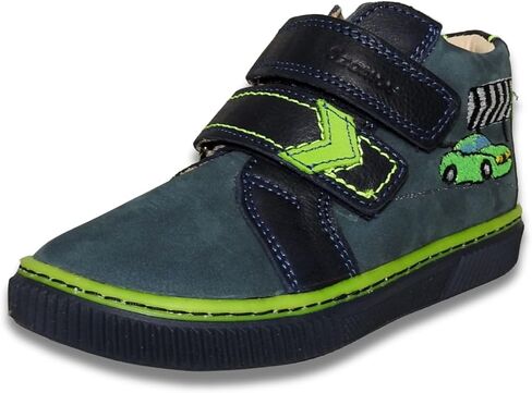 Kids Boys’ Genuine Leather Shoes – Ergonomic Supportive Sole, Stable Heel, Flexible Forefoot, Adjustable Hook & Loop Straps, Embroidered Design – Navy Blue/Green with Race Car Design in Saudi Arabia